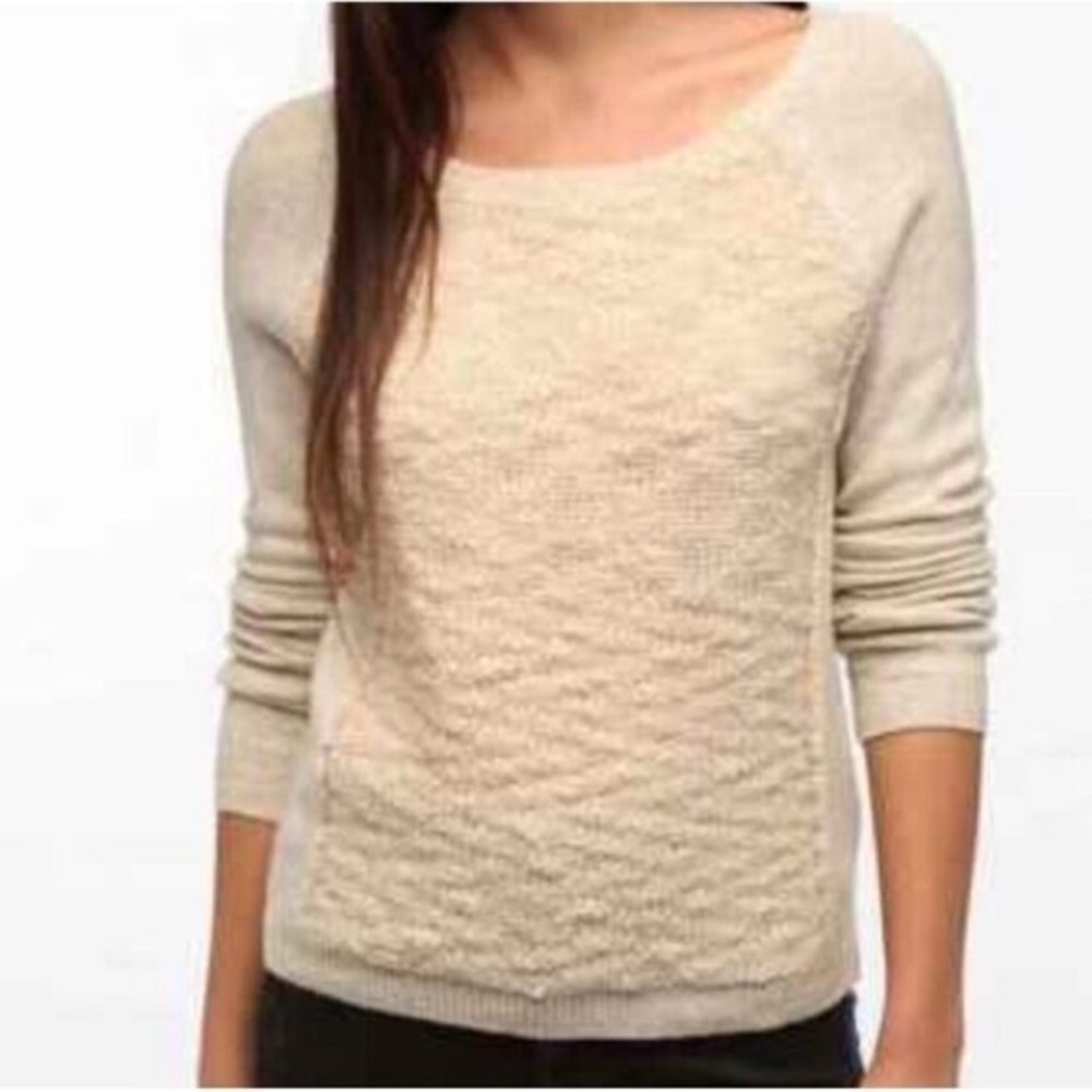 UO Silence + Noise Textured Panel Scoop Neck Wool‎ Blend Sweater Beige Women L